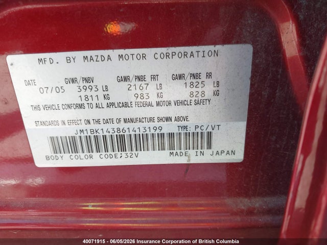 Aukcja sprzedaży 2006 Mazda Mazda3 Gs/gt, vin: JM1BK143861413199, numer aukcji: 40071915