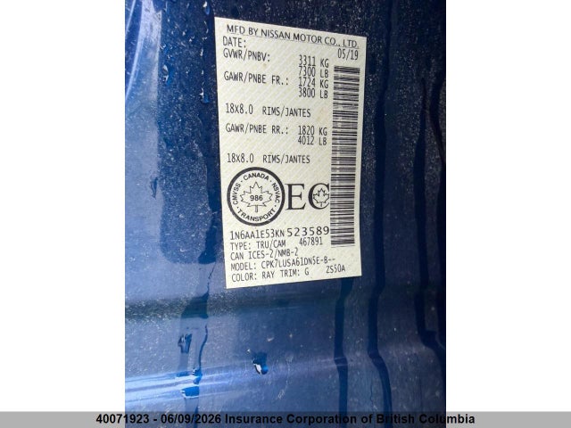 Auction sale of the 2019 Nissan Titan, vin: 1N6AA1E53KN523589, lot number: 40071923