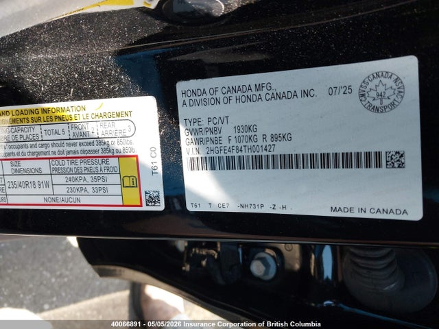 Aukcja sprzedaży 2026 Honda Civic Sport/sport Touring, vin: 2HGFE4F84TH001427, numer aukcji: 40066891
