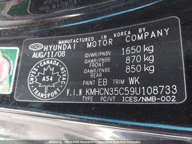 2009 Hyundai Accent Se მანქანა იყიდება აუქციონზე, vin: KMHCN35C59U108733, აუქციონის ნომერი: 40068835