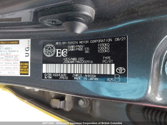 40071940 :رقم المزاد ، JTDKAMFP8N3202916 vin ، 2022 Toyota Prius مزاد بيع