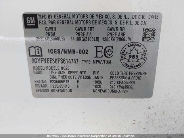 3GYFNEE30FS614747 Cadillac SRX