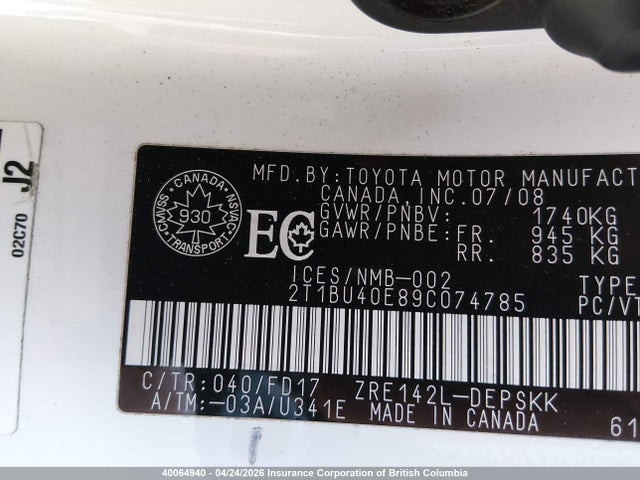 40064940 :رقم المزاد ، 2T1BU40E89C074785 vin ، 2009 Toyota Corolla S/le/xle مزاد بيع