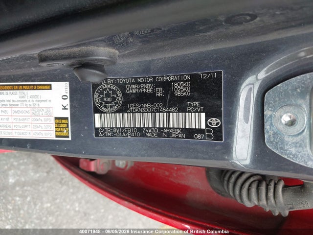 2012 Toyota Prius მანქანა იყიდება აუქციონზე, vin: JTDKN3DU7C1484482, აუქციონის ნომერი: 40071948