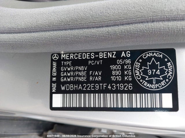Aukcja sprzedaży 1996 Mercedes-benz C 220, vin: WDBHA22E9TF431926, numer aukcji: 40071949