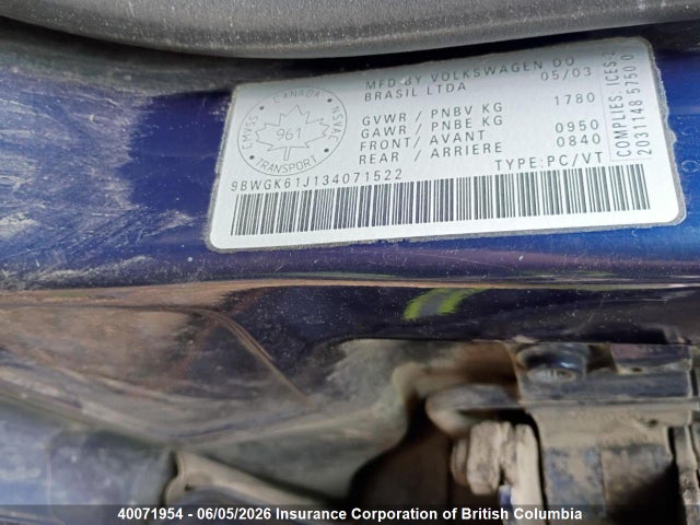 Aukcja sprzedaży 2003 Volkswagen Golf, vin: 9BWGK61J134071522, numer aukcji: 40071954