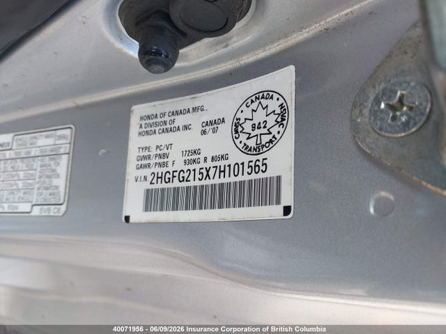 Продаж на аукціоні авто 2007 Honda Civic, vin: 2HGFG215X7H101565, номер лоту: 40071956