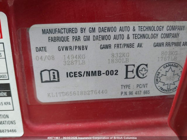 40071961 :رقم المزاد ، KL1TD65618B276440 vin ، 2008 Chevrolet Aveo مزاد بيع
