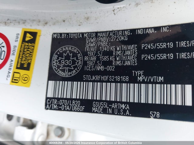 40069294 :رقم المزاد ، 5TDJKRFH0FS218168 vin ، 2015 Toyota Highlander Xle مزاد بيع