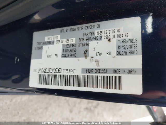Aukcja sprzedaży 2012 Mazda 5, vin: JM1CW2DL9C0109069, numer aukcji: 40071976