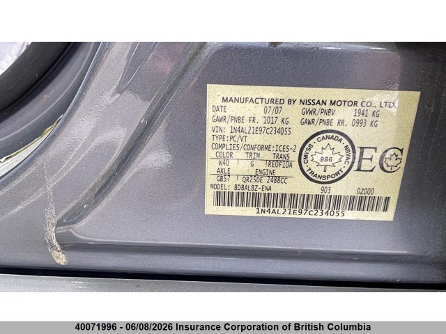 40071996 :رقم المزاد ، 1N4AL21E97C234055 vin ، 2007 Nissan Altima 2.5 S مزاد بيع