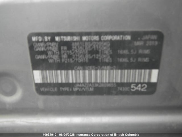 40072010 :رقم المزاد ، JA4AZ2A33KZ609655 vin ، 2019 Mitsubishi Outlander Es مزاد بيع
