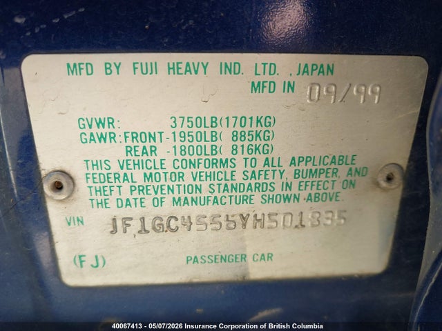 40067413 :رقم المزاد ، JF1GC4556YH501835 vin ، 2000 Subaru Impreza Lx مزاد بيع