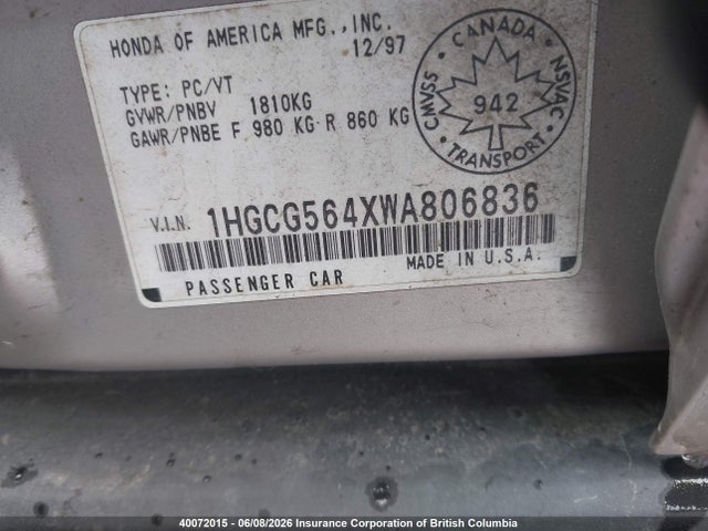 Продажа на аукционе авто 1998 Honda Accord Lx, vin: 1HGCG564XWA806836, номер лота: 40072015