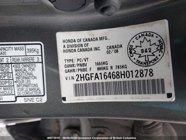40072018 :رقم المزاد ، 2HGFA16468H012878 vin ، 2008 Honda Civic مزاد بيع