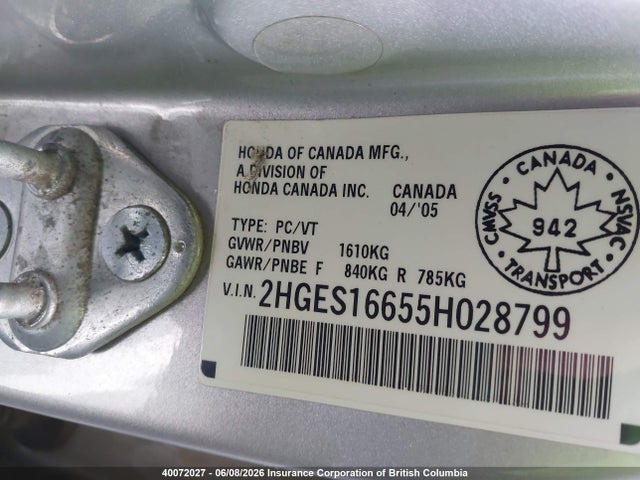 2005 Honda Civic მანქანა იყიდება აუქციონზე, vin: 2HGES16655H028799, აუქციონის ნომერი: 40072027