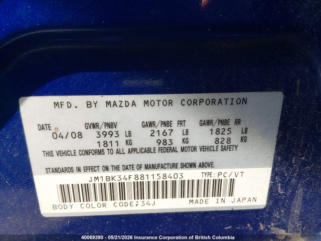 Продажа на аукционе авто 2008 Mazda 3 I, vin: JM1BK34F881158403, номер лота: 40069390