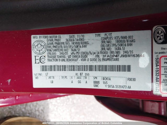 40072033 :رقم المزاد ، 3FADP4FJ9BM163644 vin ، 2011 Ford Fiesta Ses مزاد بيع