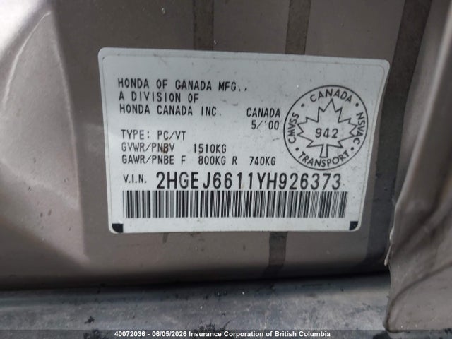 40072036 :رقم المزاد ، 2HGEJ6611YH926373 vin ، 2000 Honda Civic مزاد بيع