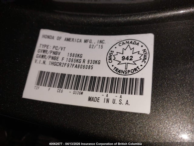 Aukcja sprzedaży 2015 Honda Accord Touring, vin: 1HGCR2F97FA806085, numer aukcji: 40062677