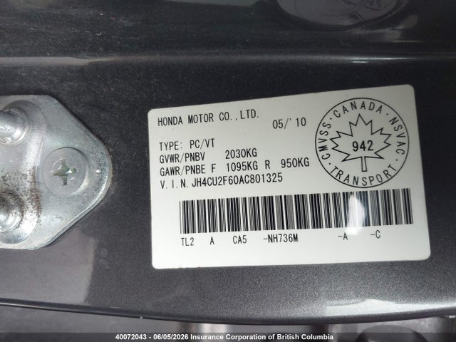 40072043 :رقم المزاد ، JH4CU2F60AC801325 vin ، 2010 Acura Tsx مزاد بيع
