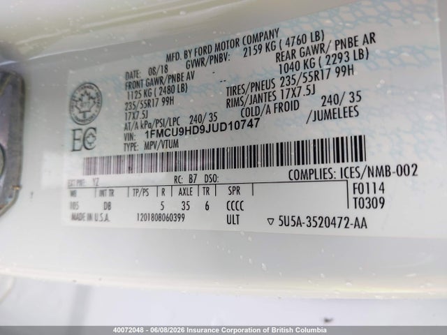 Продаж на аукціоні авто 2018 Ford Escape Sel, vin: 1FMCU9HD9JUD10747, номер лоту: 40072048