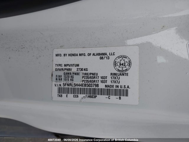 2014 Honda Odyssey Ex მანქანა იყიდება აუქციონზე, vin: 5FNRL5H44EB503798, აუქციონის ნომერი: 40072049