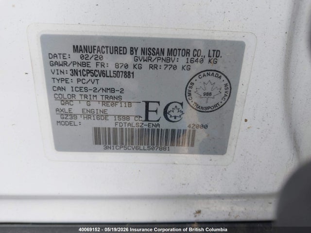 Aukcja sprzedaży 2020 Nissan Kicks Sv, vin: 3N1CP5CV6LL507881, numer aukcji: 40069152