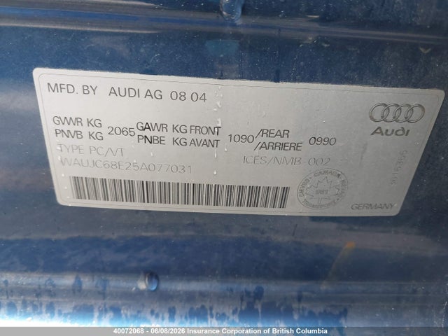 2005 Audi A4 მანქანა იყიდება აუქციონზე, vin: WAUJC68E25A077031, აუქციონის ნომერი: 40072068