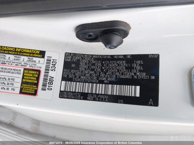 2007 Toyota Sienna Le მანქანა იყიდება აუქციონზე, vin: 5TDZK23C17S014659, აუქციონის ნომერი: 40072070