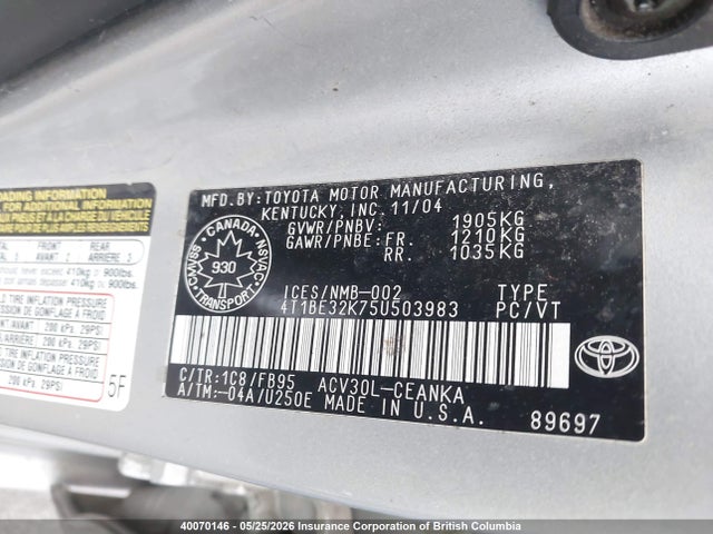 Aukcja sprzedaży 2005 Toyota Camry Le/xle/se, vin: 4T1BE32K75U503983, numer aukcji: 40070146
