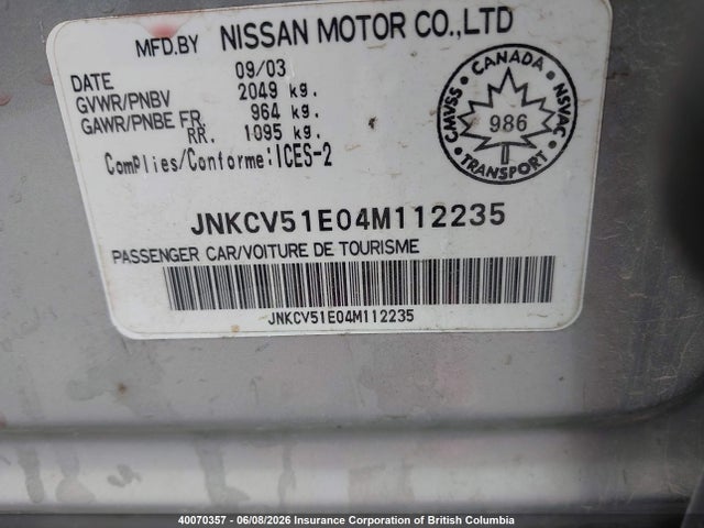 2004 Infiniti G35 მანქანა იყიდება აუქციონზე, vin: JNKCV51E04M112235, აუქციონის ნომერი: 40070357