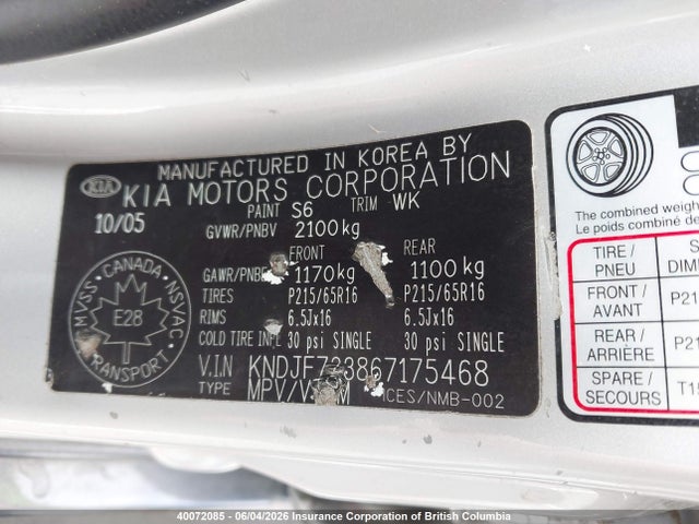 Aukcja sprzedaży 2006 Kia New Sportage, vin: KNDJF723867175468, numer aukcji: 40072085