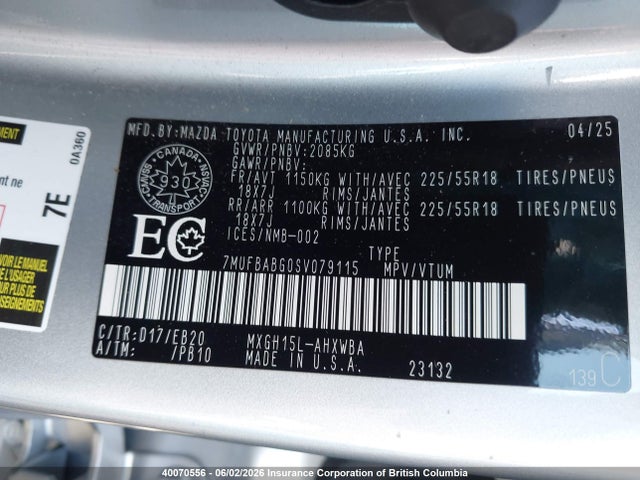 2025 Toyota Corolla Cross Se/xse/night Shade/s მანქანა იყიდება აუქციონზე, vin: 7MUFBABG0SV079115, აუქციონის ნომერი: 40070556
