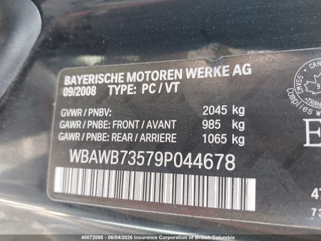 2009 Bmw 3-series მანქანა იყიდება აუქციონზე, vin: WBAWB73579P044678, აუქციონის ნომერი: 40072098