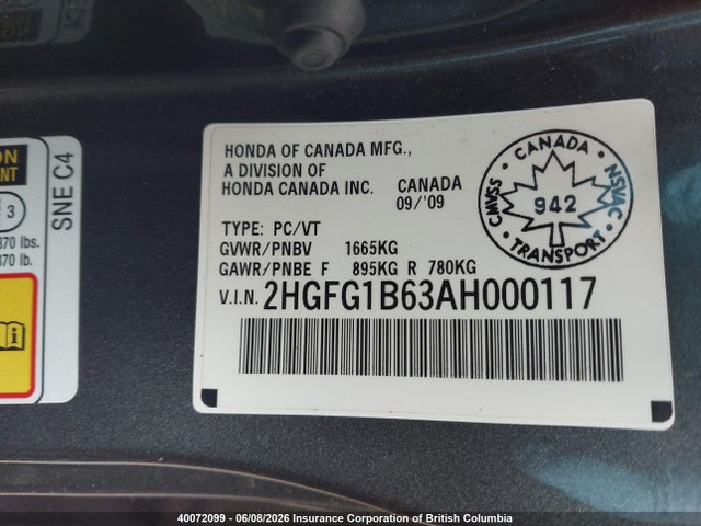 Продаж на аукціоні авто 2010 Honda Civic, vin: 2HGFG1B63AH000117, номер лоту: 40072099