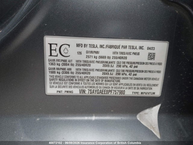 40072102 :رقم المزاد ، 7SAYGAEE8PF757980 vin ، 2023 Tesla Model Y مزاد بيع