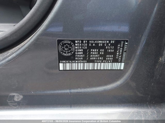 Aukcja sprzedaży 2012 Volkswagen Jetta, vin: 3VW2K7AJ4CM369459, numer aukcji: 40072103