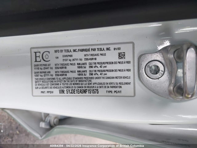 Tesla MODEL 3 2022 5YJ3E1EA5NF151575 Image 18