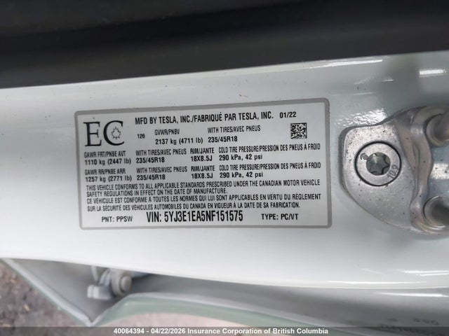 Tesla MODEL 3 2022 5YJ3E1EA5NF151575 Image 9