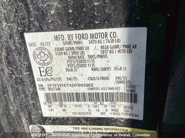 Продажа на аукционе авто 2013 Ford F150, vin: 1FTFW1ETXDFB93262, номер лота: 40072105