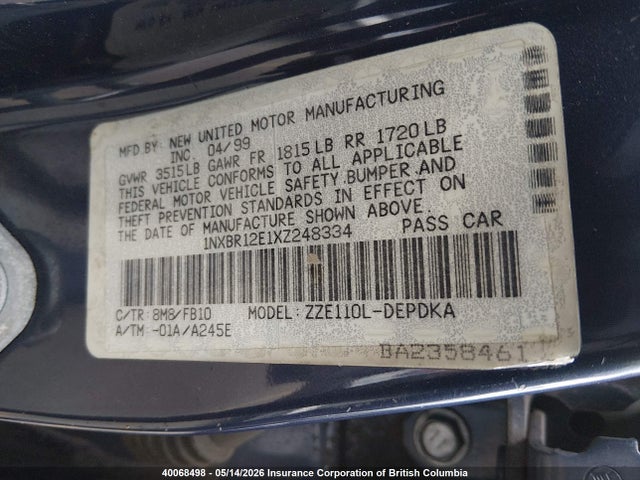 1999 Toyota Corolla Ve/ce/le მანქანა იყიდება აუქციონზე, vin: 1NXBR12E1XZ248334, აუქციონის ნომერი: 40068498