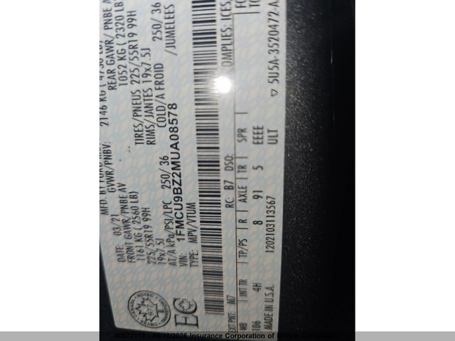 40072113 :رقم المزاد ، 1FMCU9BZ2MUA08578 vin ، 2021 Ford Escape Se مزاد بيع