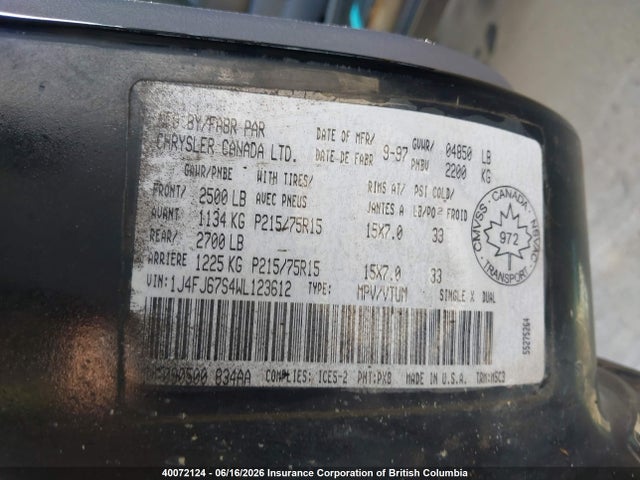 Auction sale of the 1998 Jeep Cherokee Sport, vin: 1J4FJ67S4WL123612, lot number: 40072124