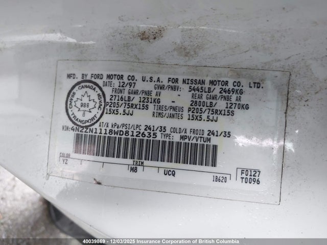 40039869 :رقم المزاد ، 4N2ZN1118WD812635 vin ، 1998 Nissan Quest Xe/gxe/gle مزاد بيع