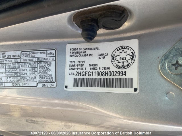 2008 Honda Civic მანქანა იყიდება აუქციონზე, vin: 2HGFG11908H002994, აუქციონის ნომერი: 40072129