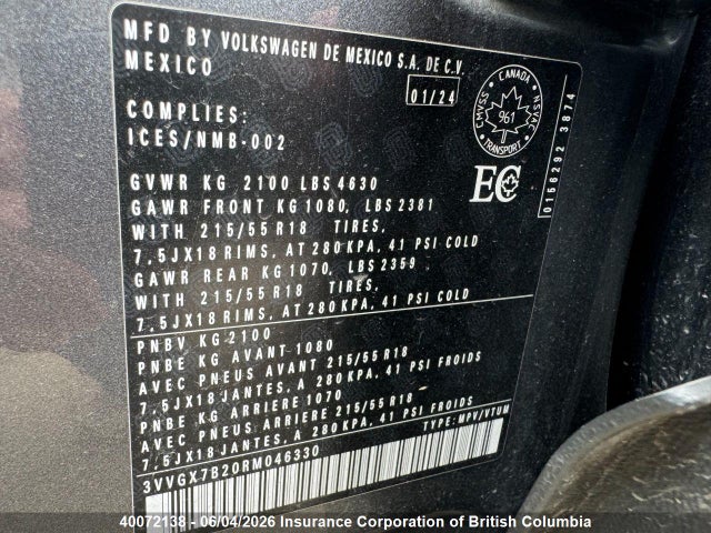 Aukcja sprzedaży 2024 Volkswagen Taos, vin: 3VVGX7B20RM046330, numer aukcji: 40072138