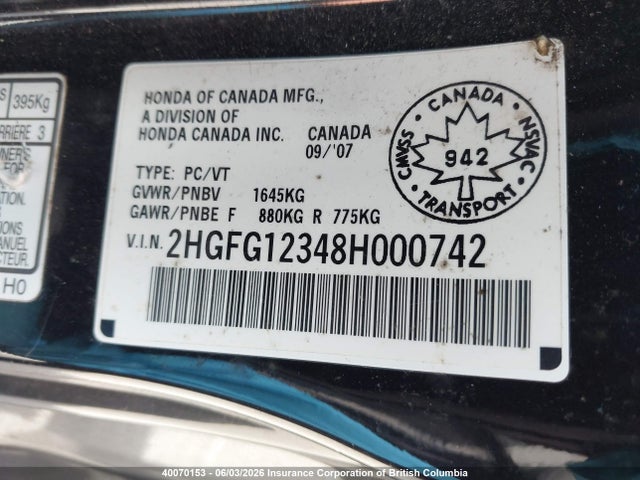 40070153 :رقم المزاد ، 2HGFG12348H000742 vin ، 2008 Honda Civic Dx-g مزاد بيع