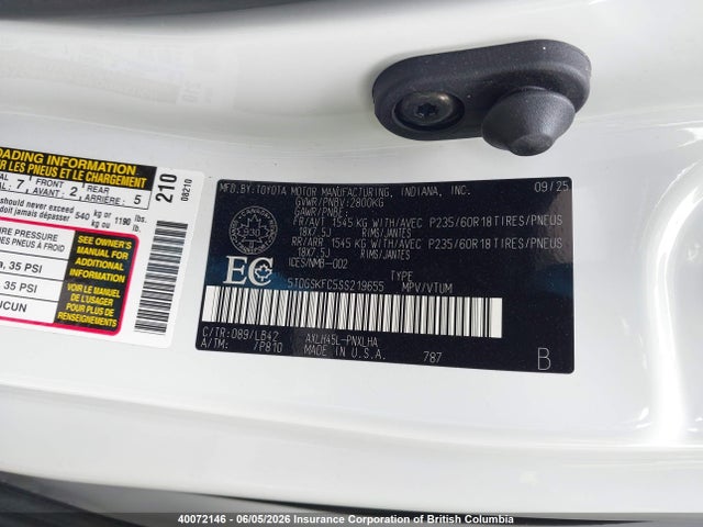 40072146 :رقم المزاد ، 5TDGSKFC5SS219655 vin ، 2025 Toyota Sienna Le/xse/limited/platinum مزاد بيع