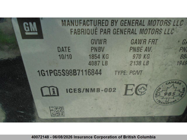 40072148 :رقم المزاد ، 1G1PG5S98B7116844 vin ، 2011 Chevrolet Cruze مزاد بيع